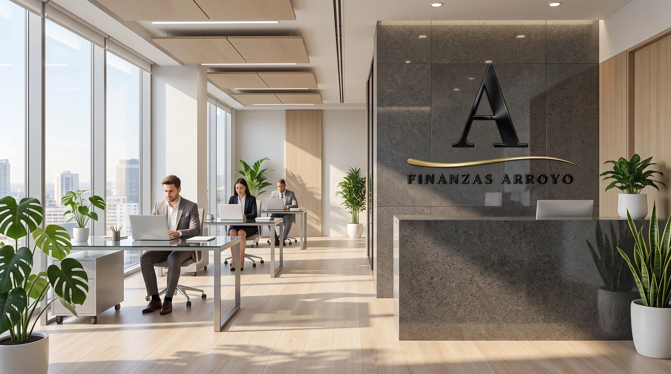 Recepción de Finanzas Arroyo con el logo en la pared y el equipo trabajando junto a los ventanales